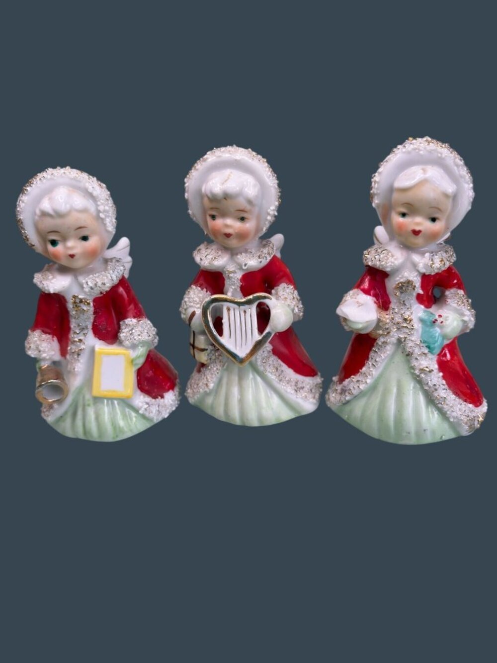 Vintage 1950s Ucagco Japan Christmas Angel Girls Set of 3 Spaghetti Trim 4.75" - Picture 14 of 14